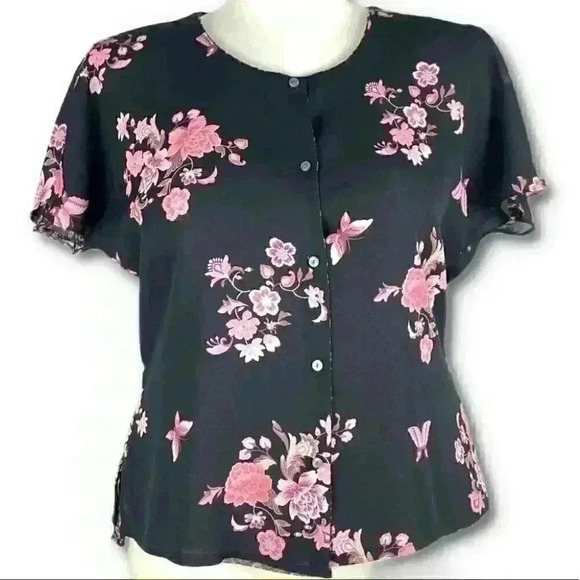 Y2k reversible floral butterfly button down top size 14 black pink vintage